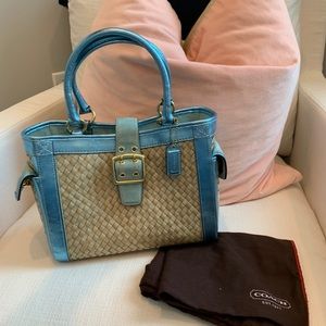 Coach metallic blue, suede and straw tote